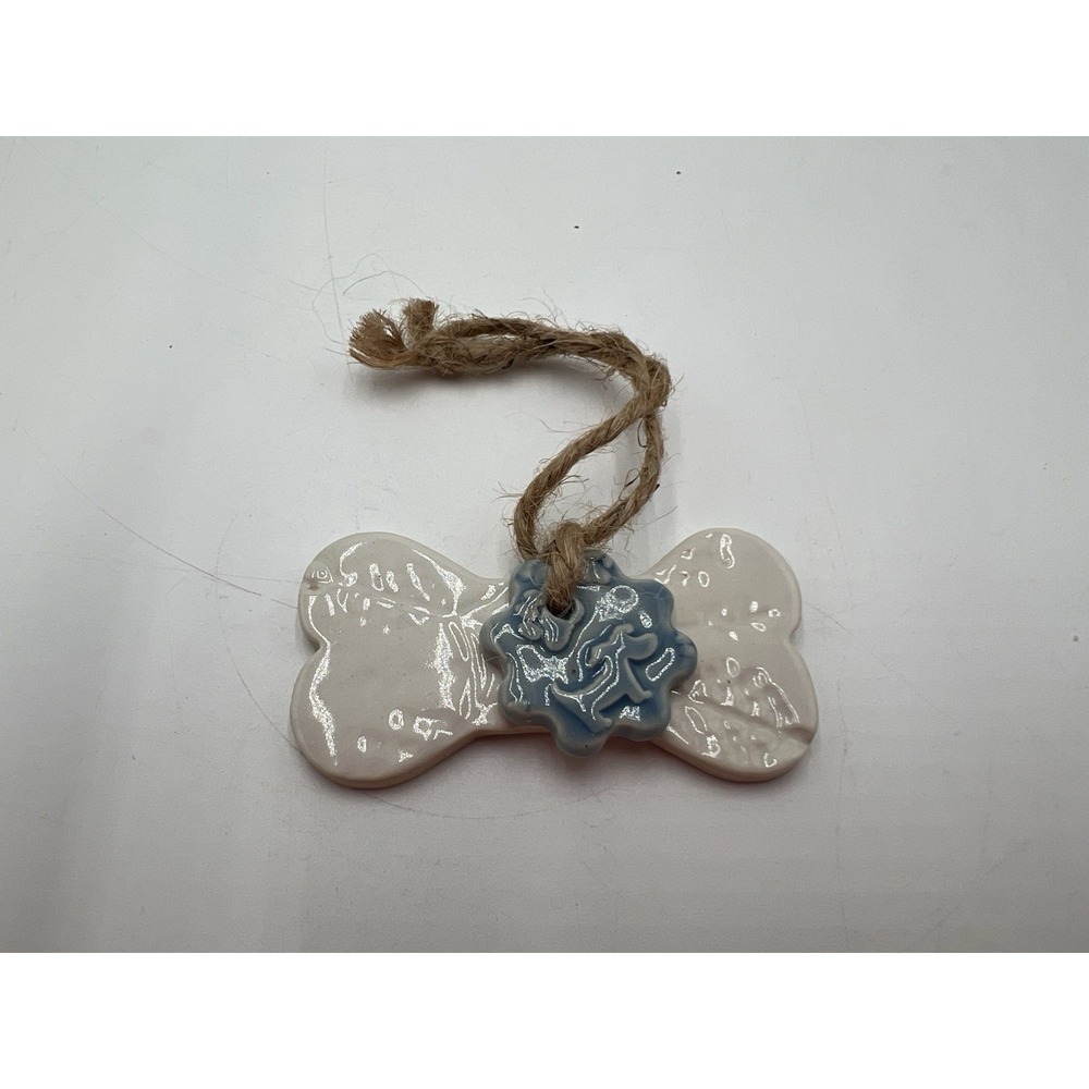 Handmade Ceramic Dog Bone Ornament Blue Paw Print Rustic Twine Hanging Decor